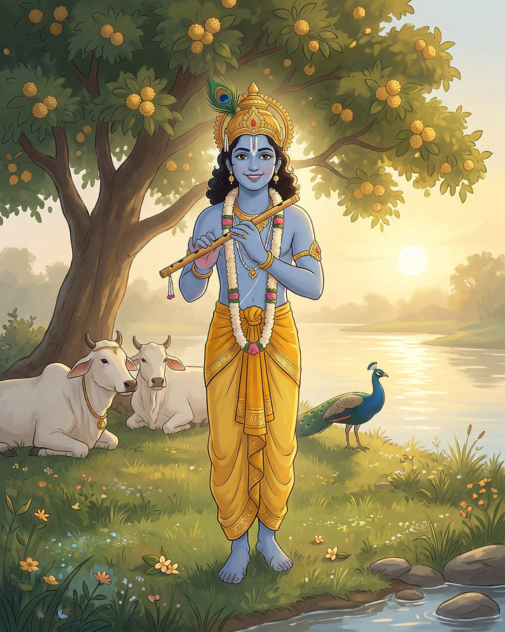 वृंदावन में यमुना किनारे बांसुरी लिए खड़े श्री कृष्ण, पीछे कदंब का पेड़, गायें और मोर, Thursday with Shri Krishna, 15 October 2026