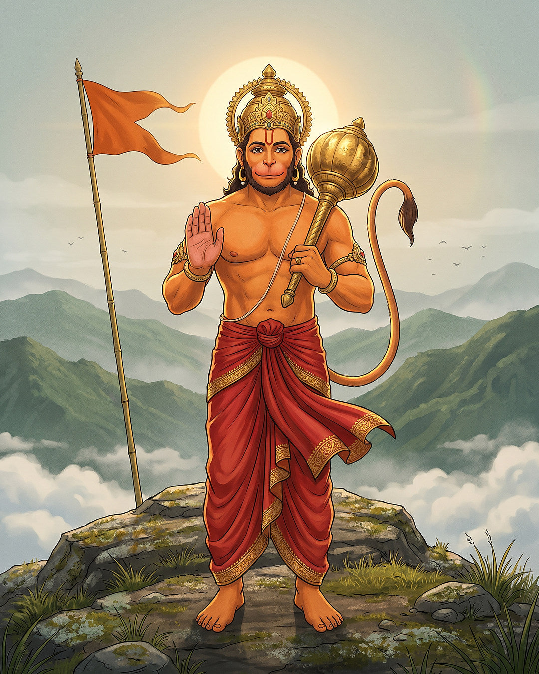 पहाड़ की चोटी पर गदा लिए आशीर्वाद देते हनुमान जी, पास में लहराता भगवा ध्वज, Tuesday with Hanuman Ji, 13 October 2026
