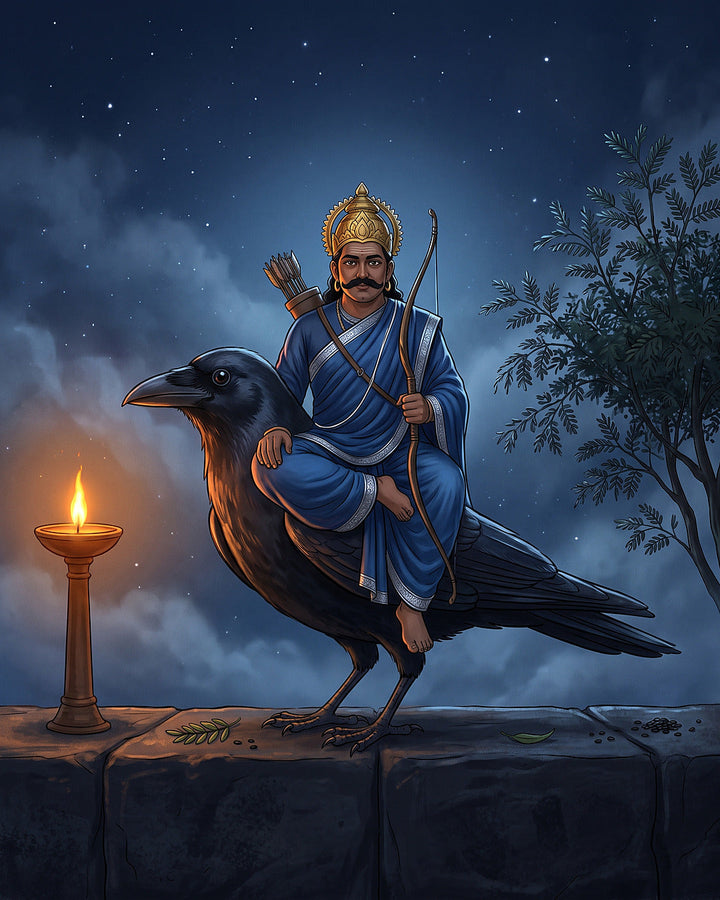 तारों भरे गहरे नीले आकाश के नीचे अपने बड़े काले कौवे पर विराजमान शनि देव, पास में सरसों के तेल का दीपक और शमी का पेड़, Saturday with Shani Dev, 17 October 2026