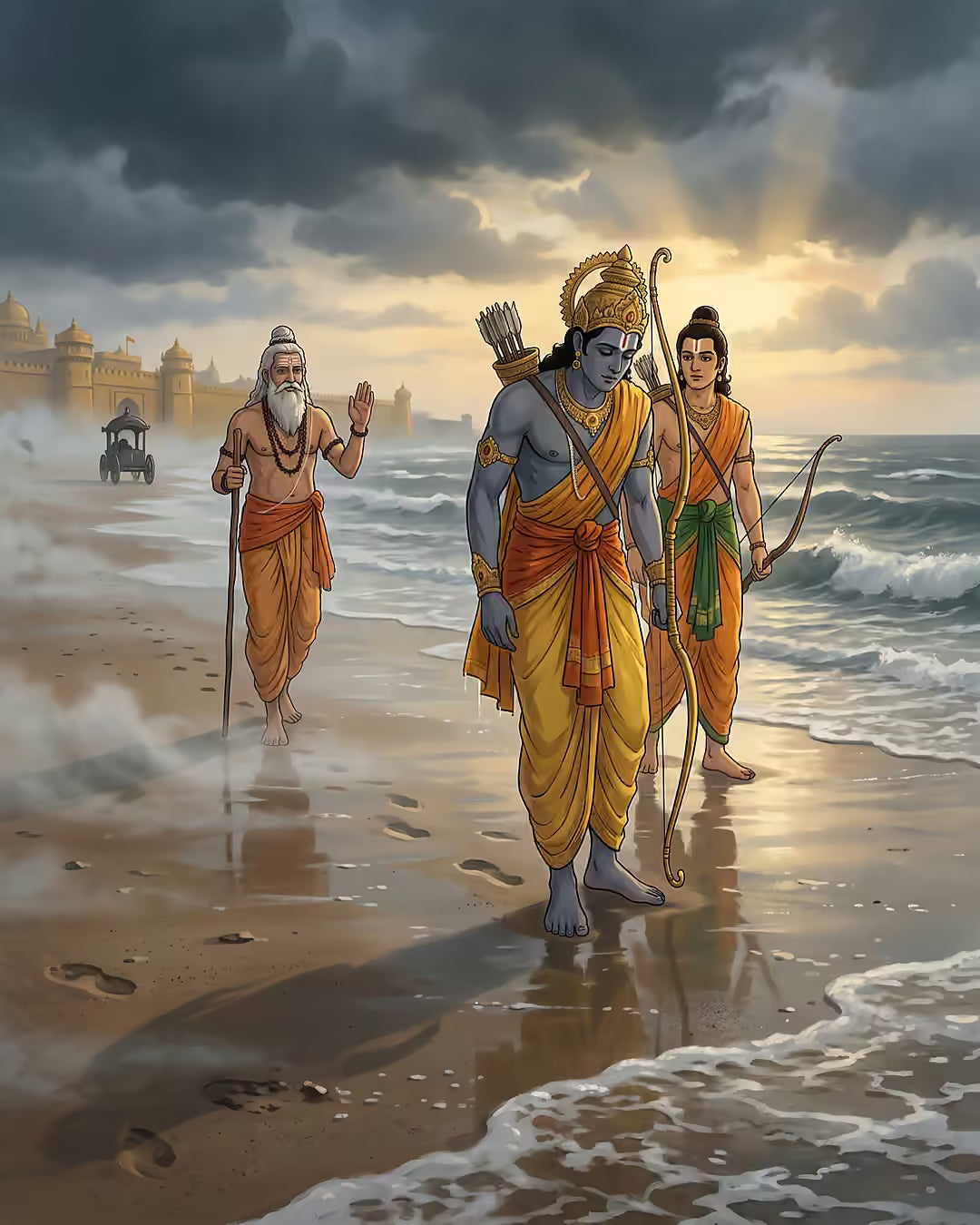 भोर में लंका के तट पर समुद्र की धुंध से थके हुए श्री राम और लक्ष्मण की ओर आते अगस्त्य ऋषि
