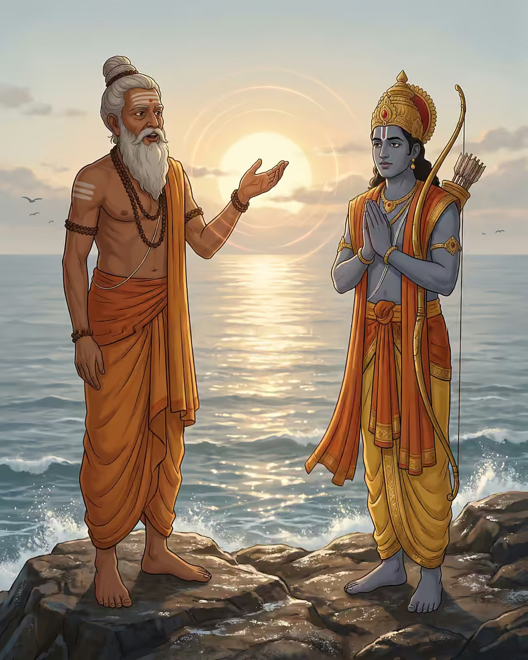 समुद्र किनारे चट्टान पर उगते सूर्य के सामने अगस्त्य ऋषि श्री राम को आदित्य हृदय स्तोत्र सिखाते हुए