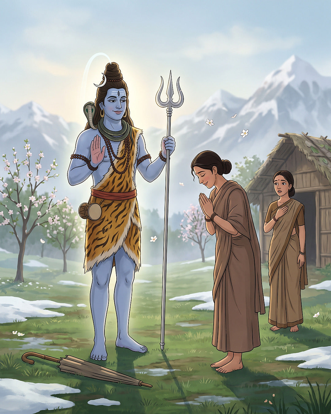 आश्रम में हाथ जोड़कर झुकी माता पार्वती के सामने अपने असली रूप में प्रकट हुए भगवान शिव